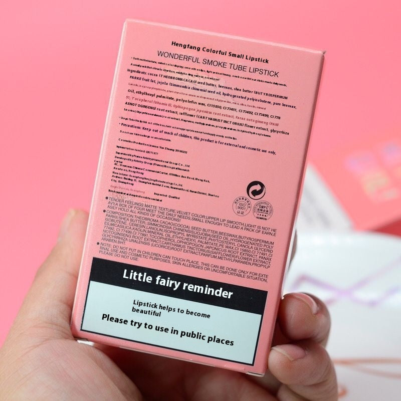 Long-Lasting Moisturizing Lipstick Set 4 Piece packaging with instructions and reminders for usage.