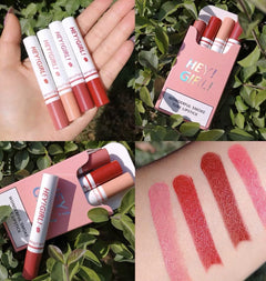 Long-Lasting Moisturizing Lipstick Set 4 Piece showcased with vibrant shades on hand and packaging.